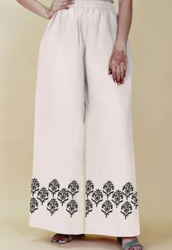 Block Printed Rayon Palazzo in White