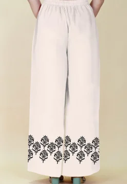 Block Printed Rayon Palazzo in White