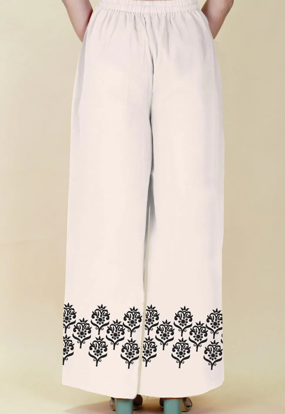 Block Printed Rayon Palazzo in White