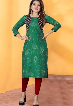Block Printed Rayon Straight Kurta in Green