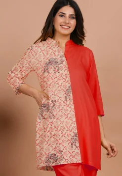 Block Printed Rayon Tunic in Red and Beige