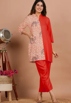 Block Printed Rayon Tunic in Red and Beige