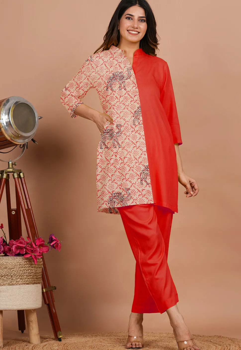 Block Printed Rayon Tunic in Red and Beige