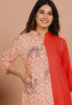 Block Printed Rayon Tunic in Red and Beige