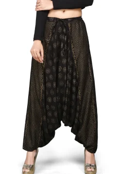Block Printed Rayon Zouave Pant in Black