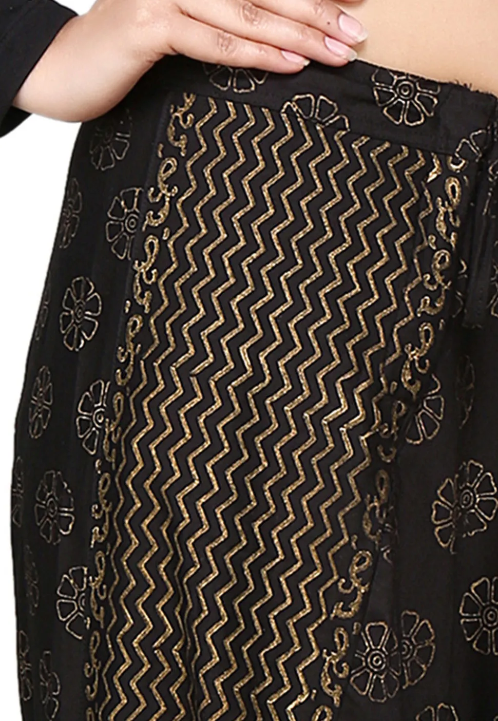 Block Printed Rayon Zouave Pant in Black