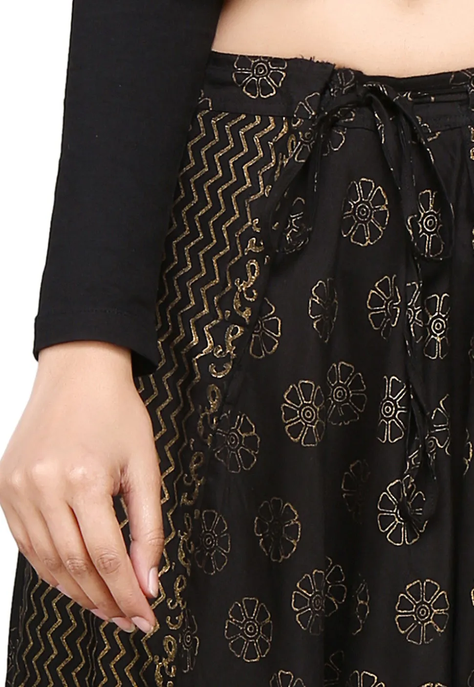 Block Printed Rayon Zouave Pant in Black