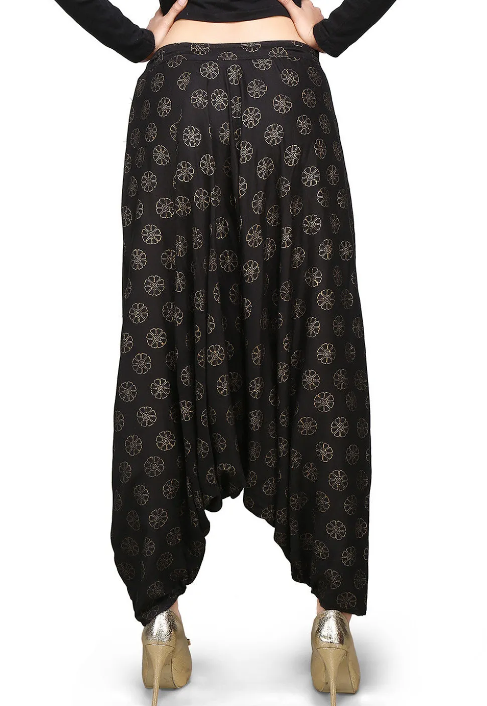 Block Printed Rayon Zouave Pant in Black