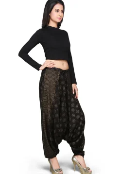 Block Printed Rayon Zouave Pant in Black