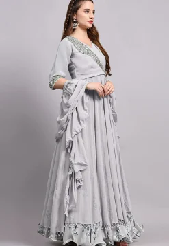 Block Printed Satin Georgette Lehenga in Light Grey