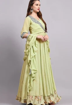 Block Printed Satin Georgette Lehenga in Light Green
