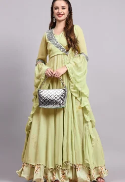Block Printed Satin Georgette Lehenga in Light Green