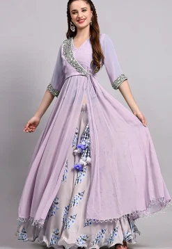 Block Printed Satin Georgette Lehenga in Light Purple