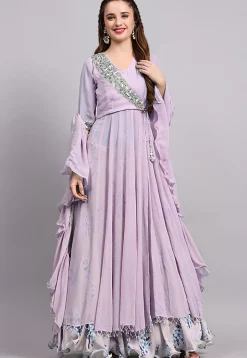 Block Printed Satin Georgette Lehenga in Light Purple