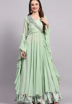 Block Printed Satin Georgette Lehenga in Sea Green