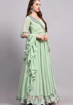 Block Printed Satin Georgette Lehenga in Sea Green