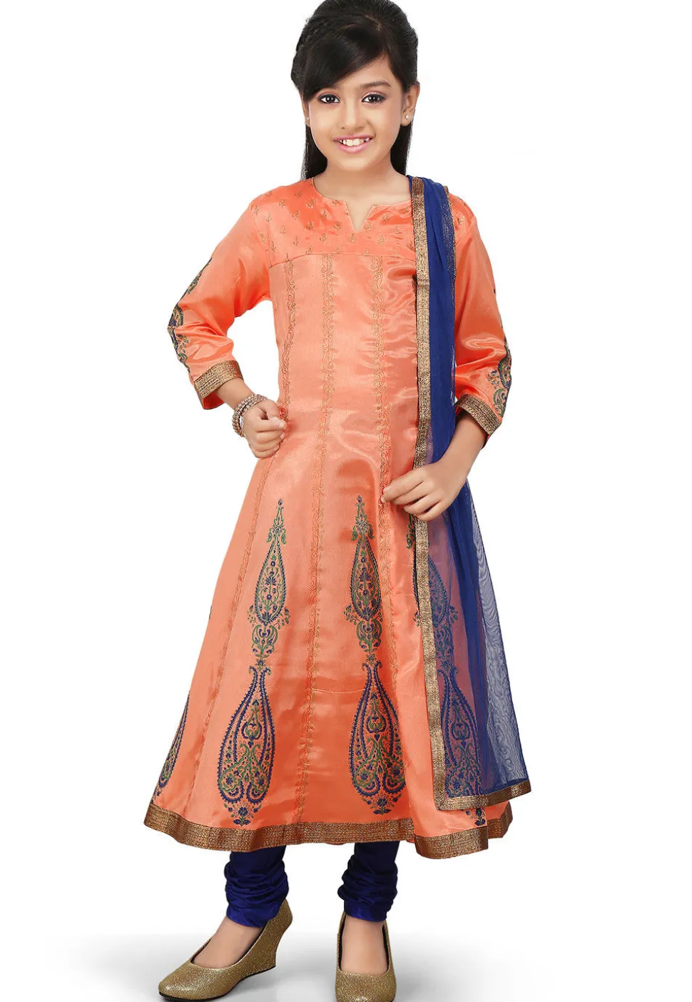 Block Printed Shantoon Anarkali Suit in Peach