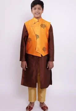 Block Printed Taffeta Silk Sherwani Set in Brown and Orange