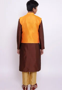 Block Printed Taffeta Silk Sherwani Set in Brown and Orange