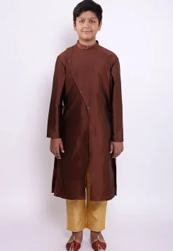 Block Printed Taffeta Silk Sherwani Set in Brown and Orange