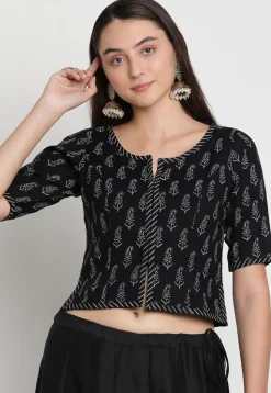 Block Printed Viscose Rayon Blouse in Black