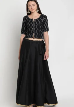 Block Printed Viscose Rayon Blouse in Black