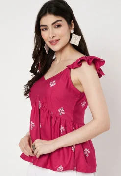 Block Printed Viscose Silk Peplum Top in Fuchsia