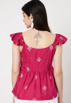 Block Printed Viscose Silk Peplum Top in Fuchsia