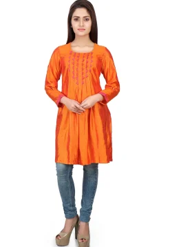 Box Pleated Art Silk Tunic in Orange
