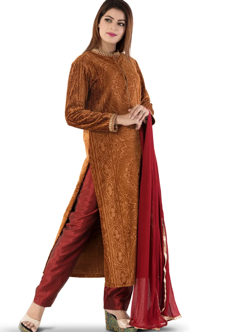 Brasso Velvet Straight Kurta in Brown