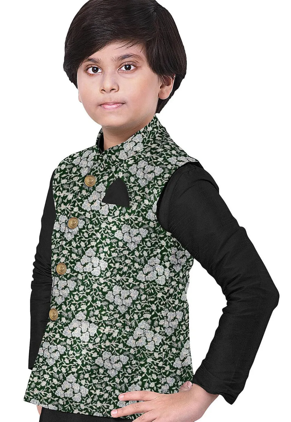 Brocade Art Brocade Silk Nehru Jacket in Dark Green