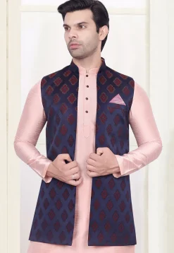 Brocade Art Brocade Silk Nehru Jacket in Navy Blue