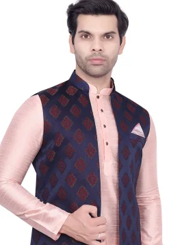Brocade Art Brocade Silk Nehru Jacket in Navy Blue