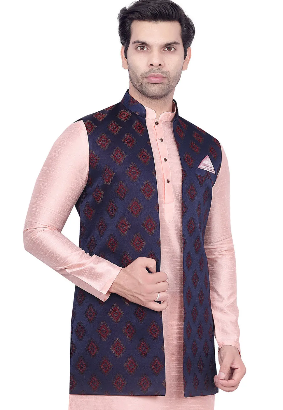 Brocade Art Brocade Silk Nehru Jacket in Navy Blue