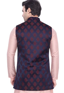 Brocade Art Brocade Silk Nehru Jacket in Navy Blue