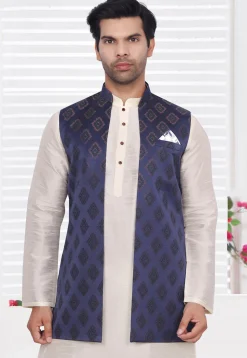 Brocade Art Brocade Silk Nehru Jacket in Navy Blue