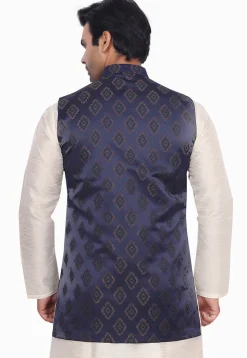 Brocade Art Brocade Silk Nehru Jacket in Navy Blue