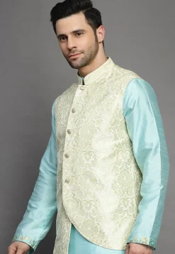 Brocade Art Silk Kurta Jacket Set in Sky Blue