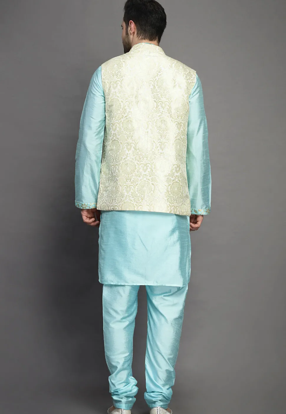 Brocade Art Silk Kurta Jacket Set in Sky Blue