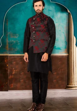 Brocade Asymmetric Nehru Jacket in Black