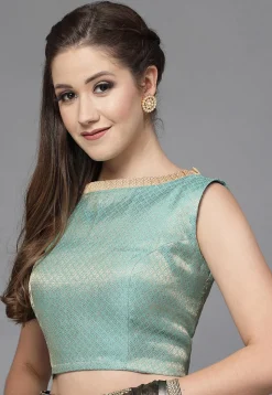 Brocade Back Tie Up Blouse in Teal Blue