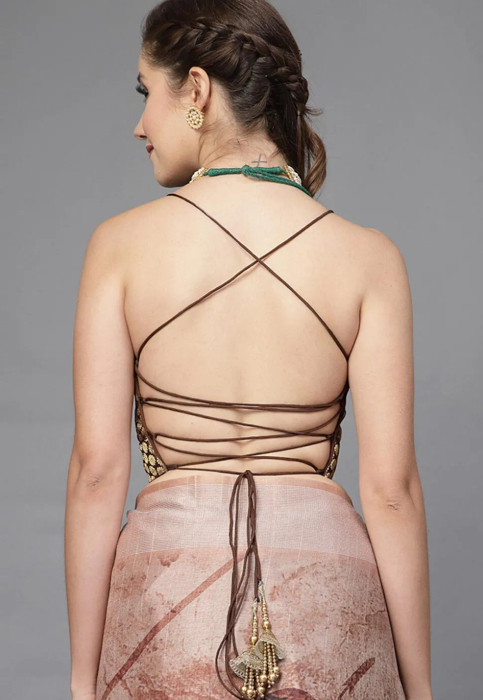 Brocade Back Tie Up Blouse in Brown