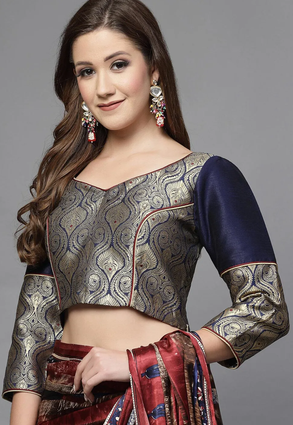 Brocade Blouse in Navy Blue