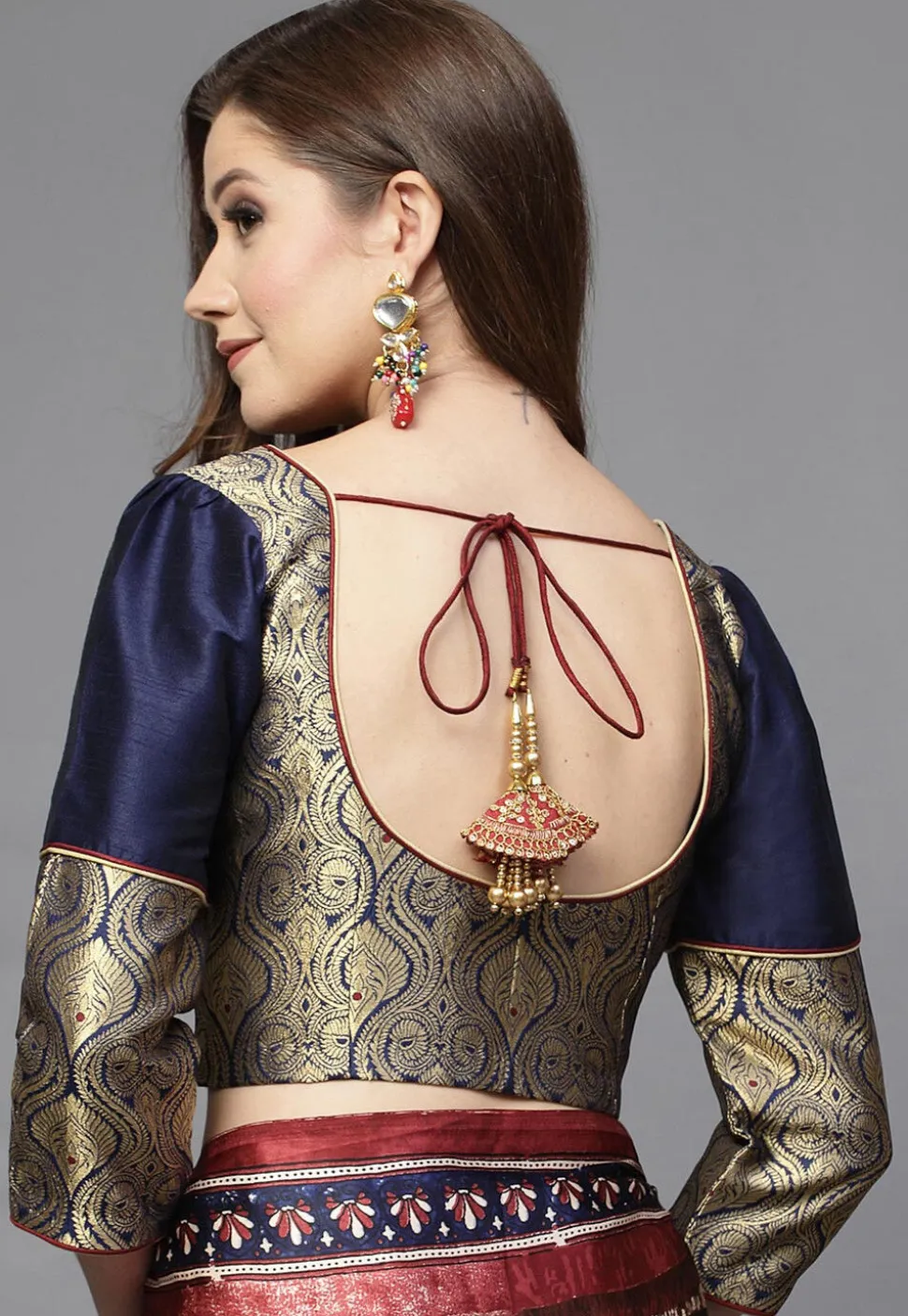 Brocade Blouse in Navy Blue