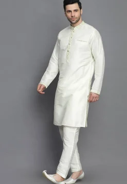 Brocade Collar Art Silk Kurta Set in Cream