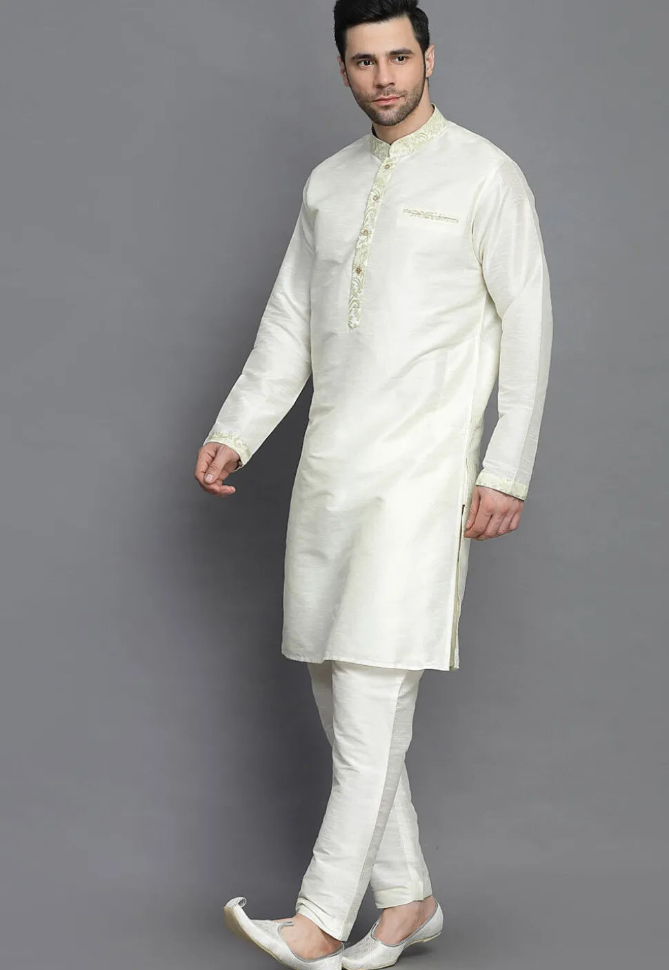 Brocade Collar Art Silk Kurta Set in Cream