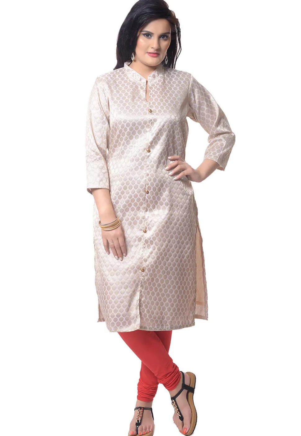 Brocade Front Slit Kurta in Light Beige