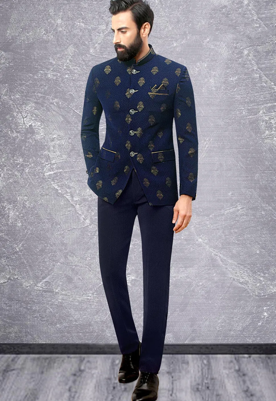 Brocade Jodhpuri Suit in Navy Blue