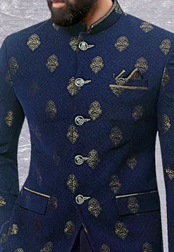 Brocade Jodhpuri Suit in Navy Blue