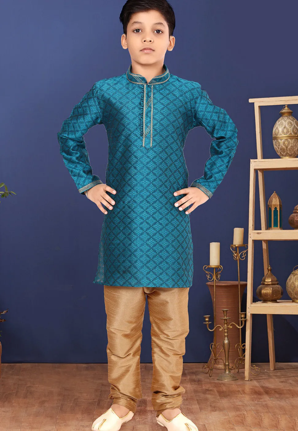 Brocade Kurta Set in Teal Blue